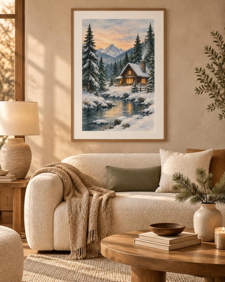 Winter Cabin print framed above a sofa