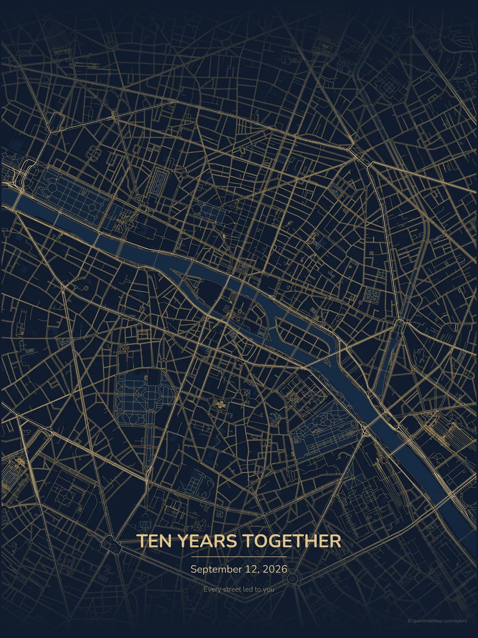 Midnight Gold personalized Paris map celebrating ten years together