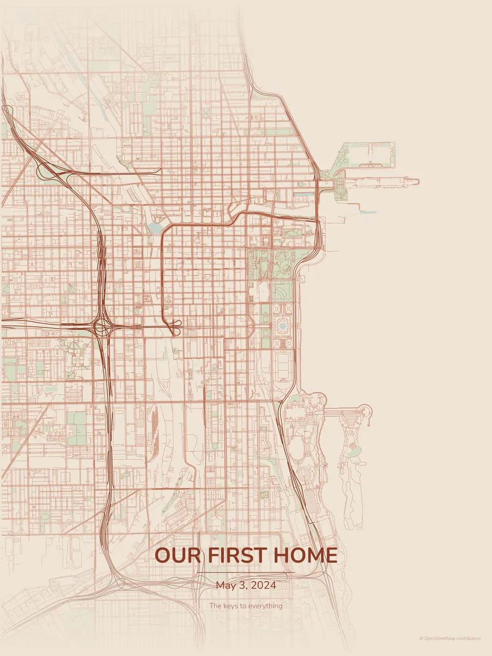 Terracotta Sand personalized Chicago map celebrating a first home