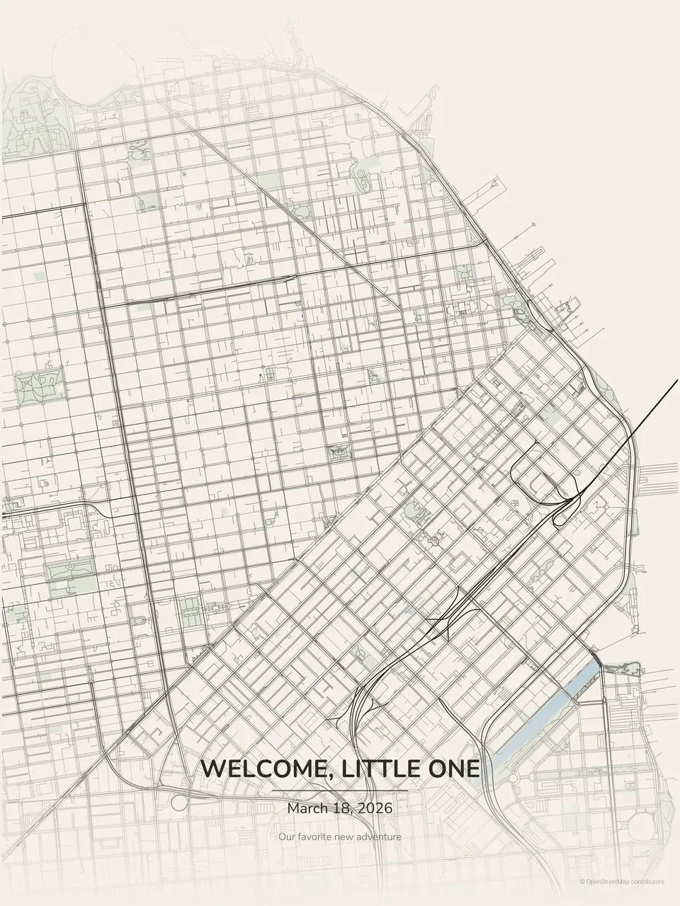 Ivory Ink personalized San Francisco map welcoming a new baby