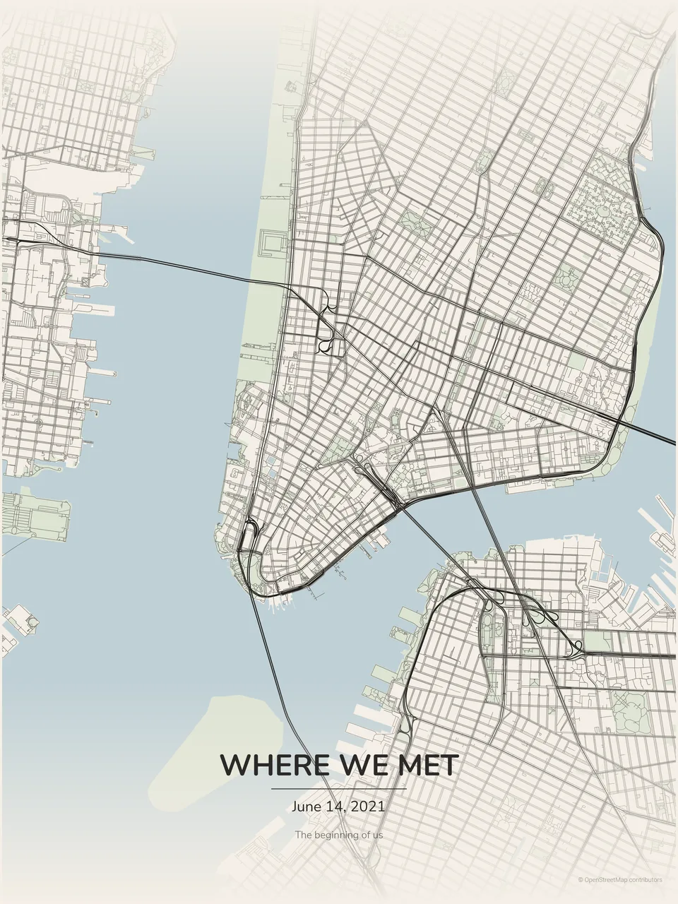 Ivory Ink personalized New York map with Where We Met title, date and message