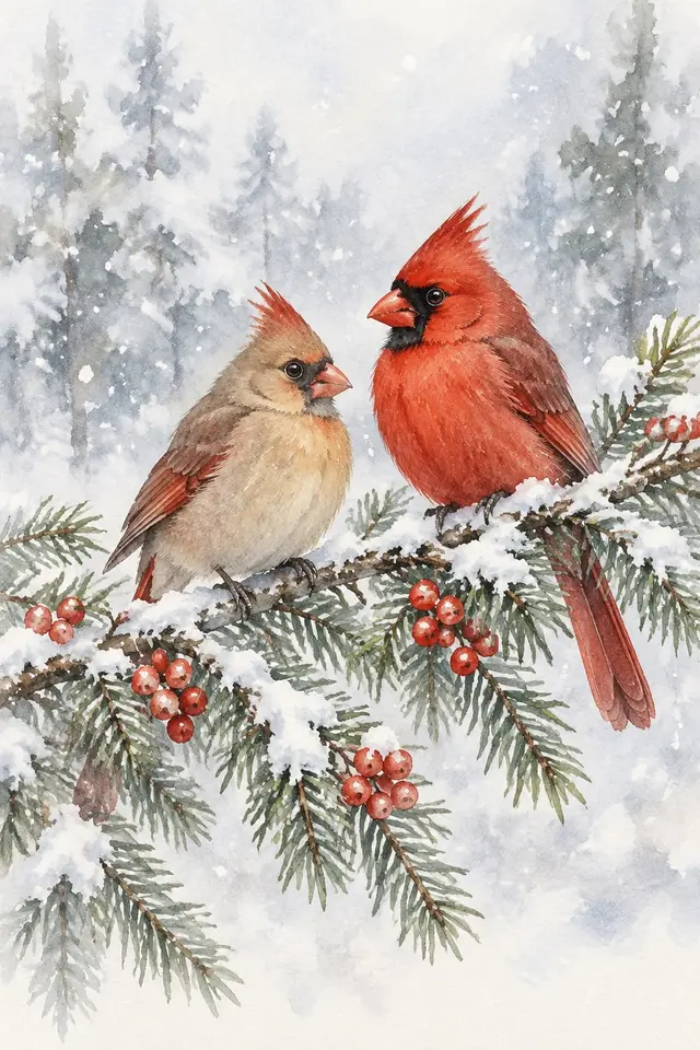 Winter Cardinals Watercolor Prints - Print 2 artwork