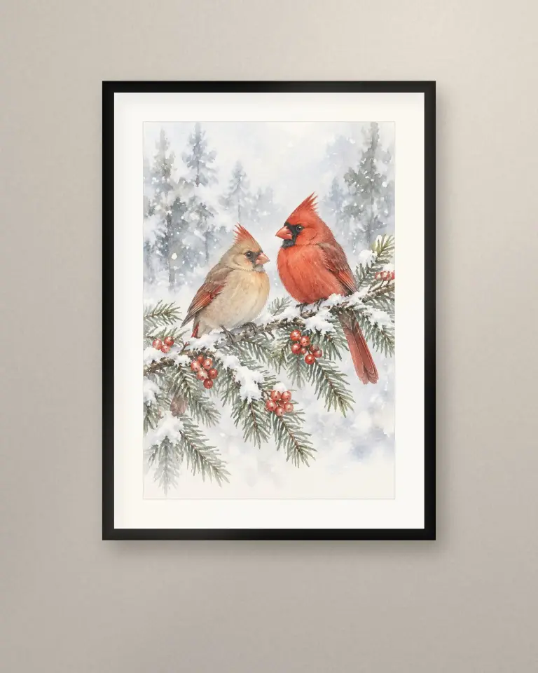 Winter Cardinals Watercolor Prints - Room view 4