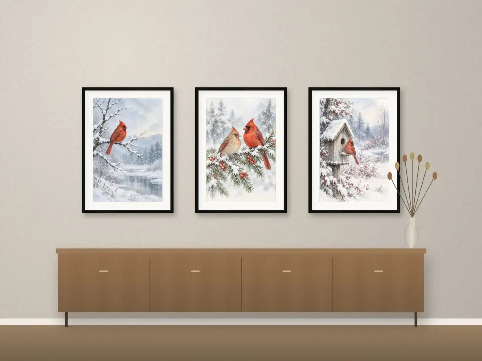 Winter Cardinals Watercolor Prints printable wall art